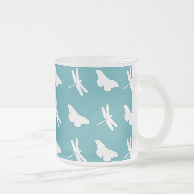 Teal Butterflies and Dragonflies Pattern Frosted Glass Coffee Mug (Right)