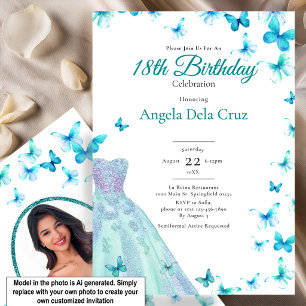 Teal Butterflies And Dress 18th Birthday Debut Invitation