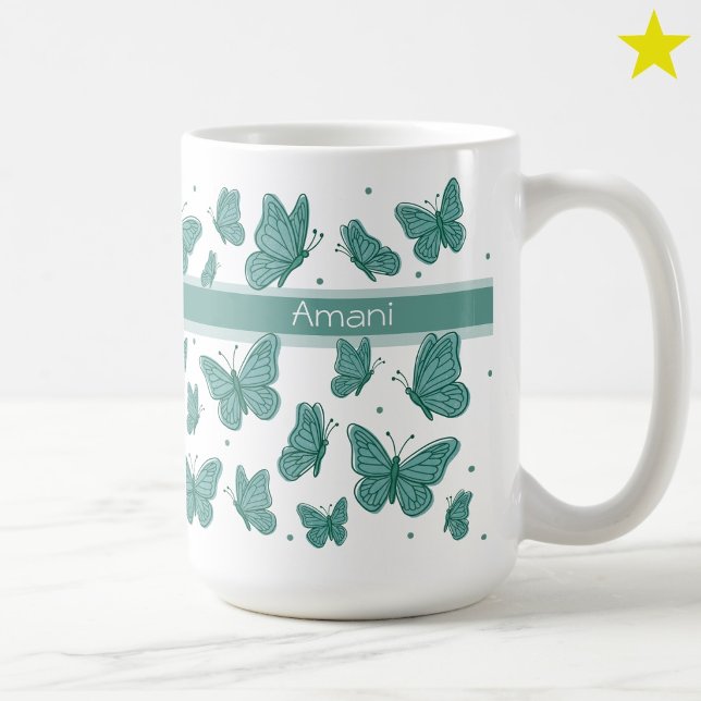 Teal Butterflies & Dots Custom Name Monogram Coffee Mug (Creator Uploaded)