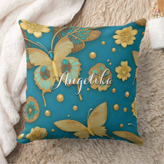 Teal Butterflies, Gold Glitter Personalised Name Cushion