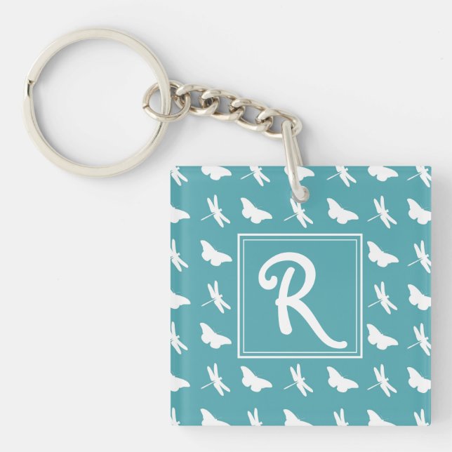 Teal Butterfly and Dragonfly Pattern Monogram Key Ring (Front)