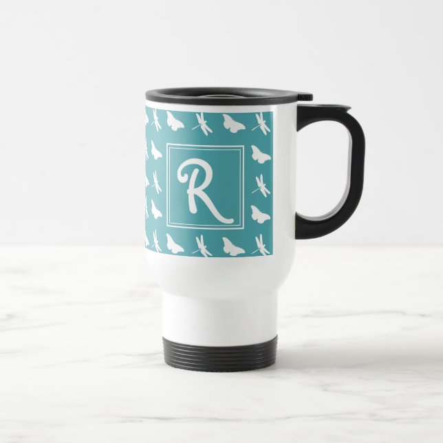 Teal Butterfly and Dragonfly Pattern Travel Mug (Right)