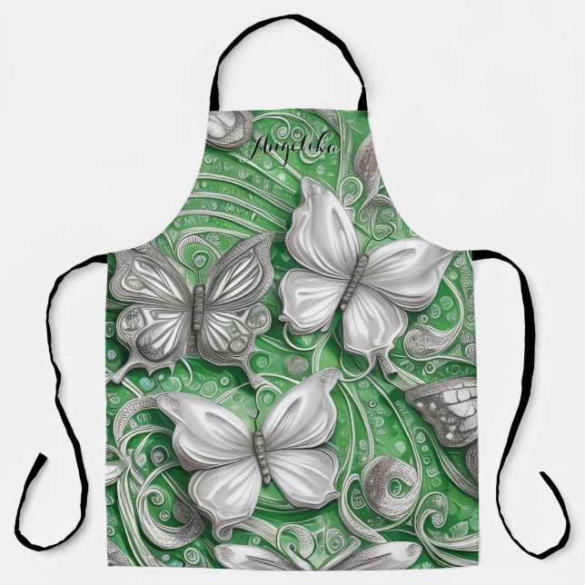 Teal Butterfly and Glitter Personalised Name Apron (Front)