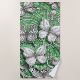 Teal Butterfly and Glitter Personalised Name Beach Towel