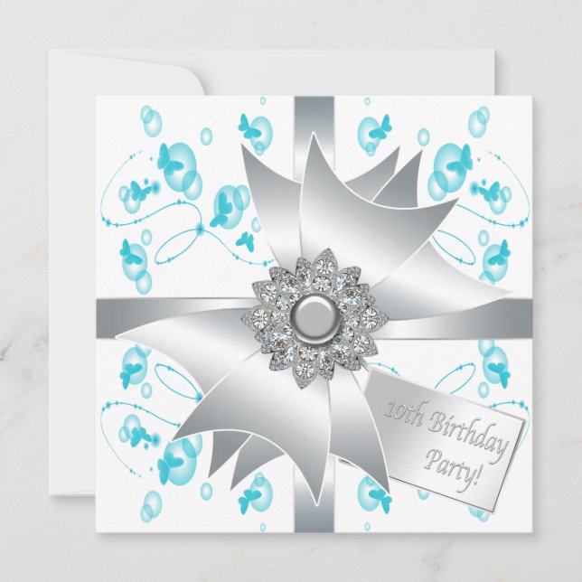 Teal Butterfly Bubbles 10th Birthday Party Invitat Invitation (Front)