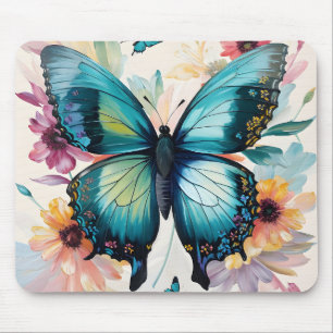 Teal Butterfly Colourful Flowers Art Mouse Pad