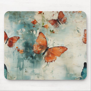 Teal Butterfly English Garden Vintage Floral Mouse Pad