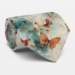 Teal Butterfly English Garden Vintage Floral Tie