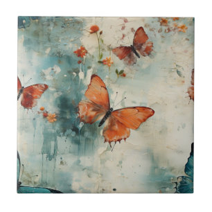 Teal Butterfly English Garden Vintage Floral Tile