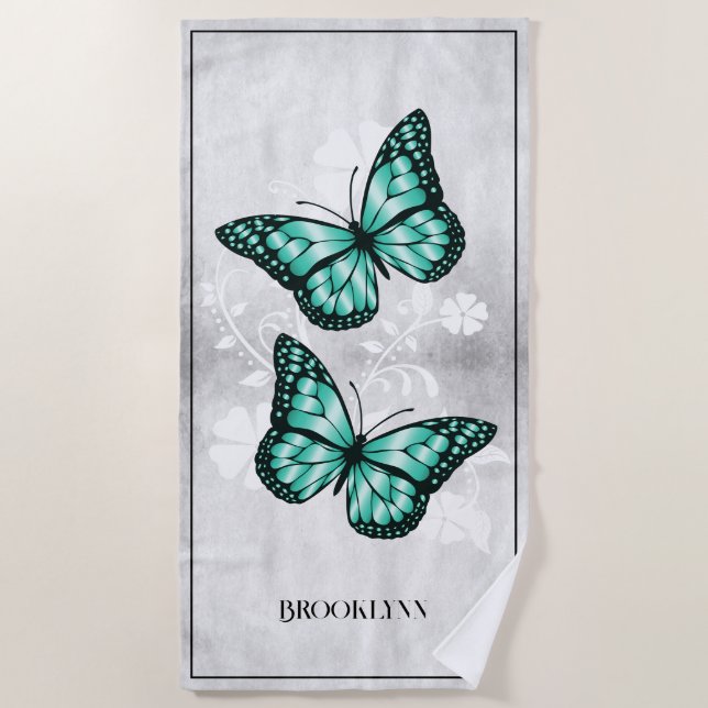 Teal Butterfly Floral Beach Towel (Front)