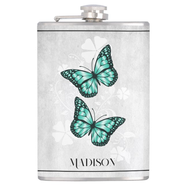 Teal Butterfly Floral Flask (Front)