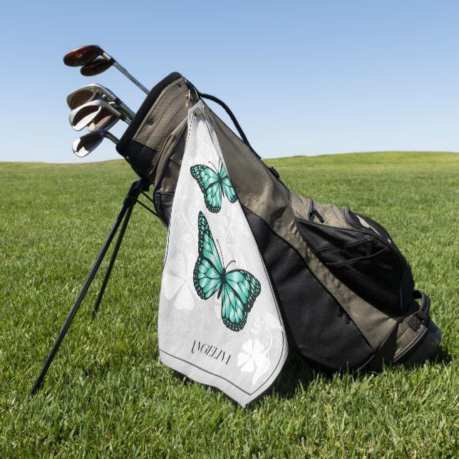 Teal Butterfly Floral Golf Towel (Green)
