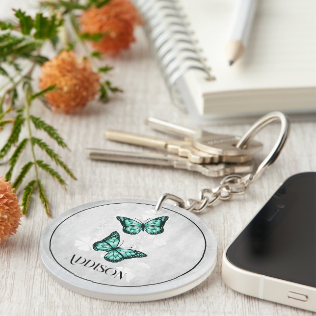 Teal Butterfly Floral Personalised Keychain (Front Right)