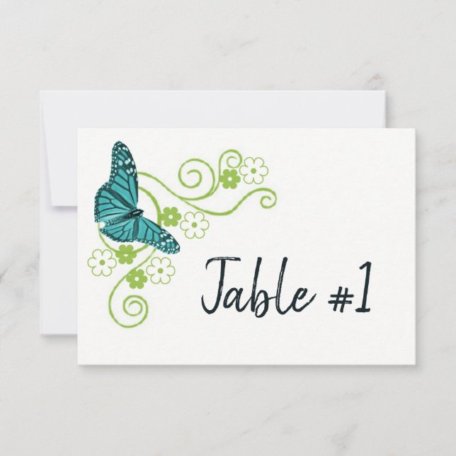 Teal Butterfly Floral Reception Table Card (Front)