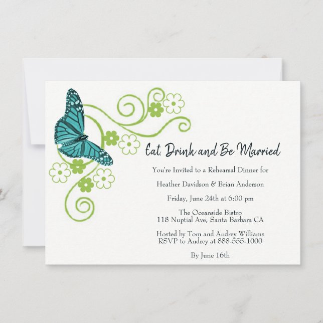 Teal Butterfly Floral Rehearsal Dinner Invite (Front)