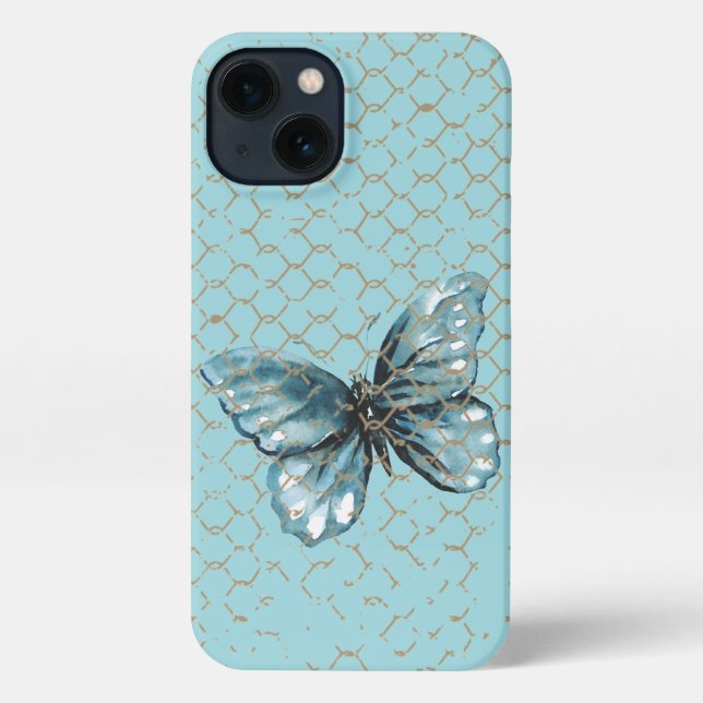 Teal Butterfly in Chain Link Fence Design iPhone Case (Back)
