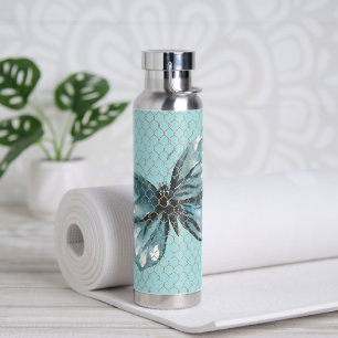 Teal Butterfly in Fence Pattern Water Bottle