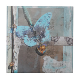 Teal Butterfly Mixed Media Art Tile