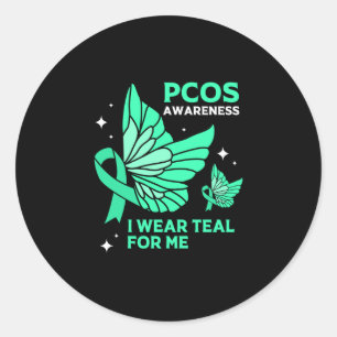 Teal Butterfly Ribbon Pcos I Wear Teal For Me Classic Round Sticker