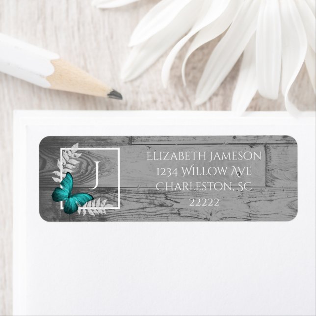Teal Butterfly Rustic Label (Insitu)