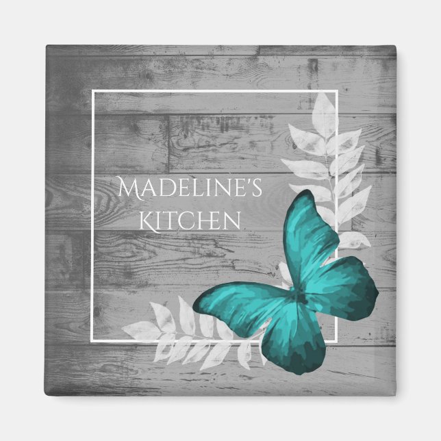 Teal Butterfly Rustic Magnet (Front)