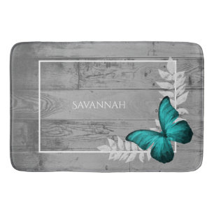 Teal Butterfly Rustic Personalised Bath Mat