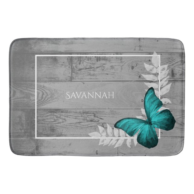 Teal Butterfly Rustic Personalised Bath Mat (Front)