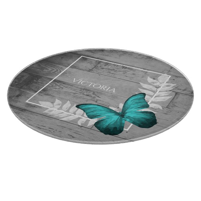 Teal Butterfly Rustic Personalised Cutting Board (Corner)