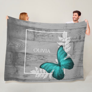 Teal Butterfly Rustic Personalised Fleece Blanket