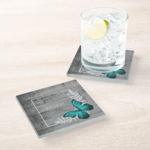 Teal Butterfly Rustic Personalised Glass Coaster