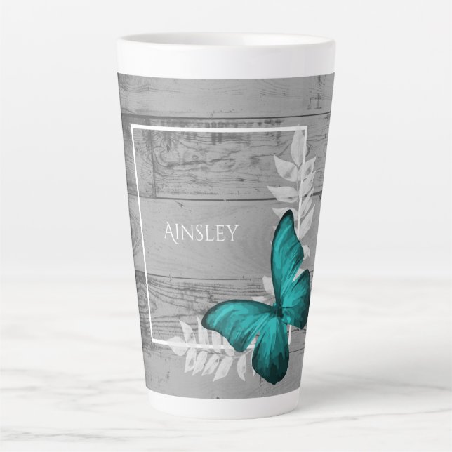 Teal Butterfly Rustic Personalised Latte Mug (Front)