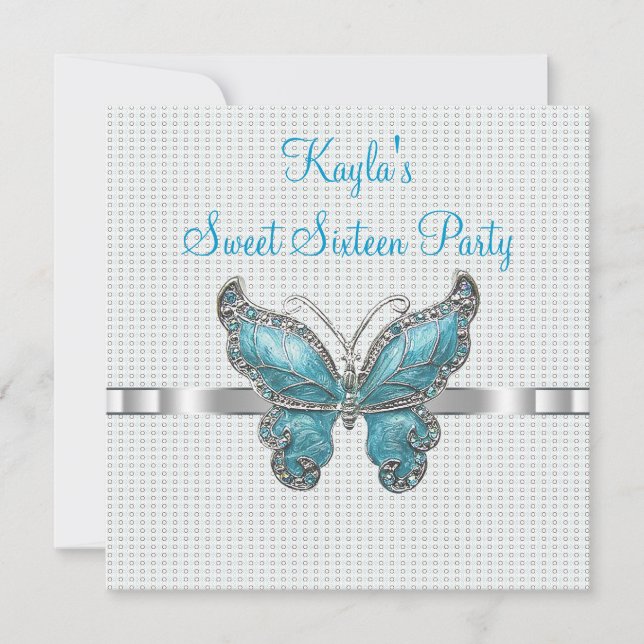 Teal Butterfly Sweet 16th Birthday Party Invitation (Front)