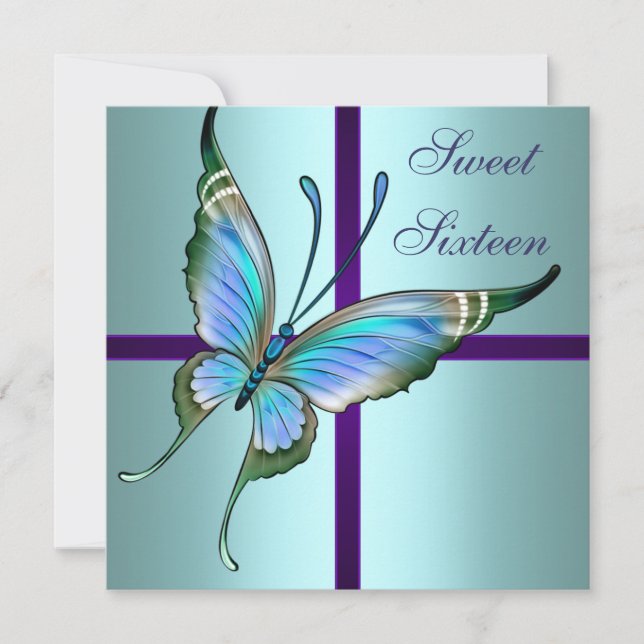 Teal Butterfly Sweet Sixteen Birthday Party Invitation (Front)