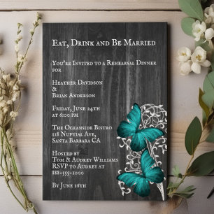 Teal Butterfly Wedding Rehearsal Dinner Invitation