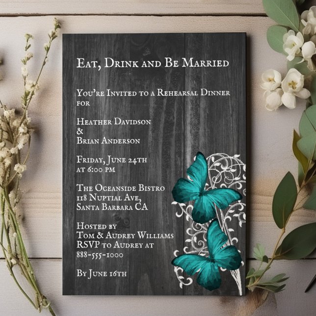Teal Butterfly Wedding Rehearsal Dinner Invitation (Teal Rustic Butterfly Wedding Rehearsal Dinner Invitation)