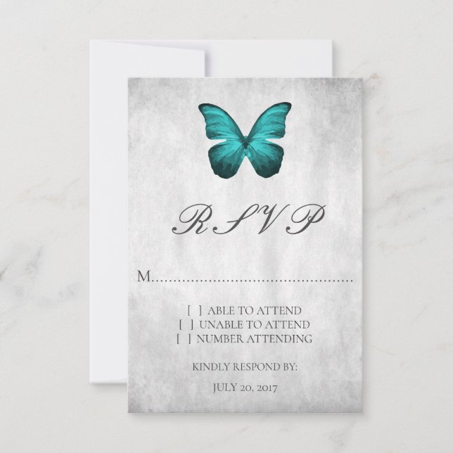 Teal Butterfly Wedding RSVP Card (Front)