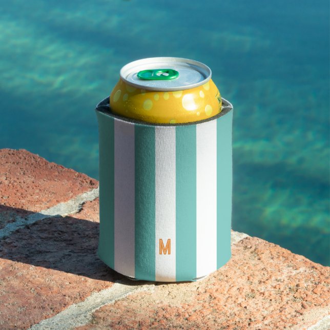 Teal Cabana Stripe & Personalised Orange Monogram Can Cooler (In Situ Pool)