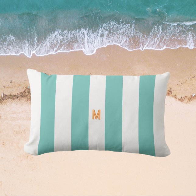Teal Cabana Stripe & Personalised Orange Monogram Lumbar Cushion (Creator Uploaded)