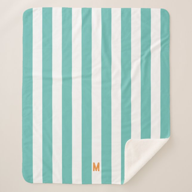 Teal Cabana Stripe & Personalised Orange Monogram Sherpa Blanket (Front)