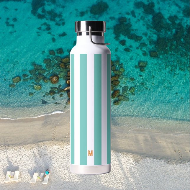 Teal Cabana Stripe & Personalised Orange Monogram Water Bottle (Creator Uploaded)