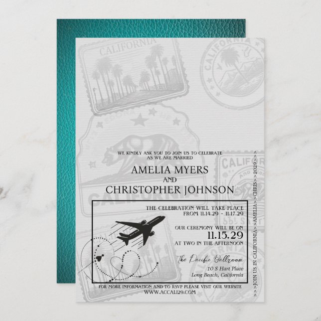Teal California Passport Wedding Invitation (Front/Back)