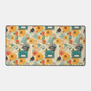 Teal Camera Golden Sunflower Summer Collage Desk Mat
