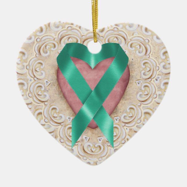 Teal Cancer Ribbon From the Heart - SRF Ceramic Tree Decoration (Front)
