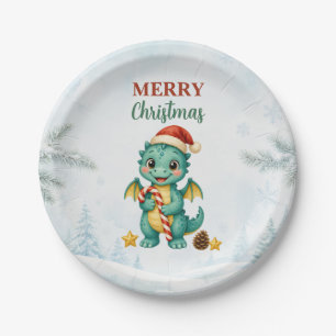 Teal Candy Cane Dragon Merry Christmas Paper Plate