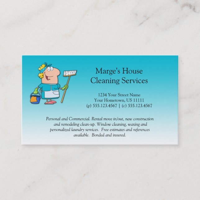 Teal Cartoon Maid House Cleaning Customer Loyalty Card (Front)