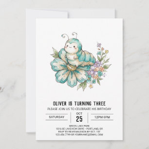 Teal Caterpillar Birthday Invitation