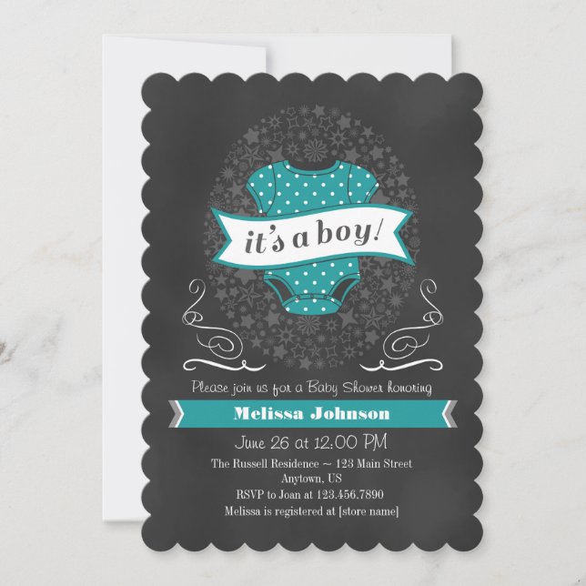 Teal Chalkboard Boy Baby Shower Invite (Front)