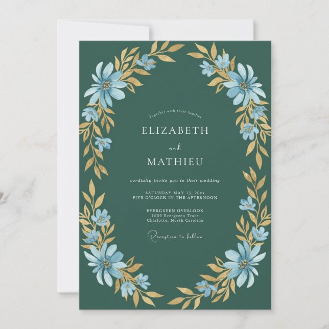 Teal Champagne Gold Leaf Wedding Invitation (Front)