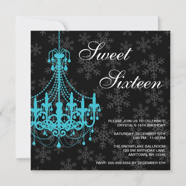 Teal Chandelier Black Snowflakes Sweet 16 Birthday Invitation (Front)
