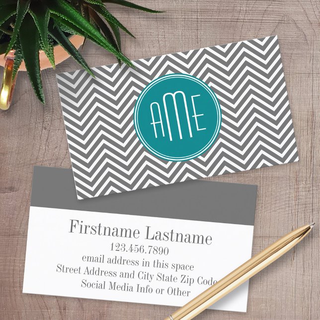 Teal Charcoal Chevrons Custom Monogram Business Card (Custom Printed Business Cards)